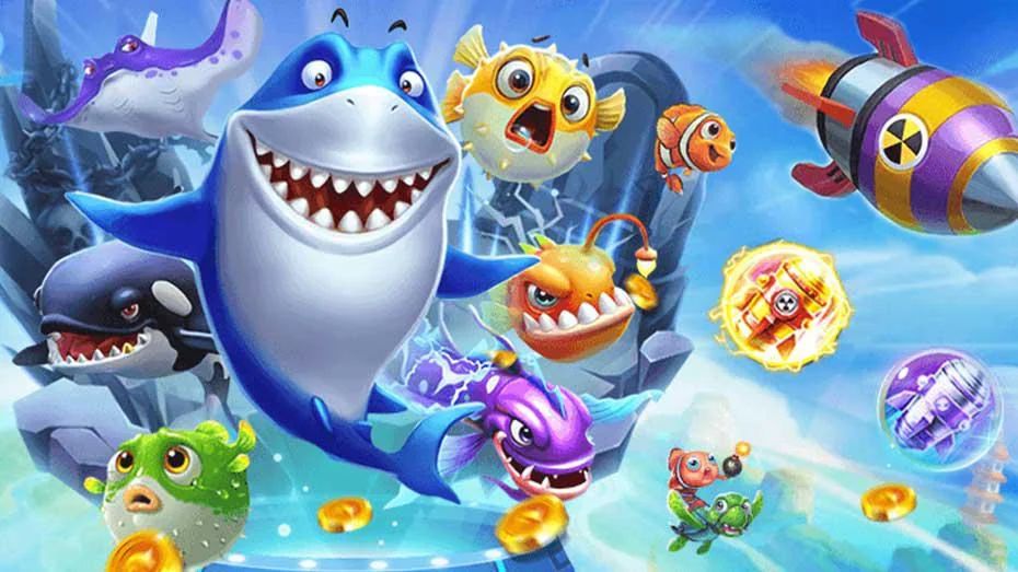 ฉากเกมยิงปลาที่มีปลาและเป้าหมายเคลื่อนผ่านใต้น้ำ